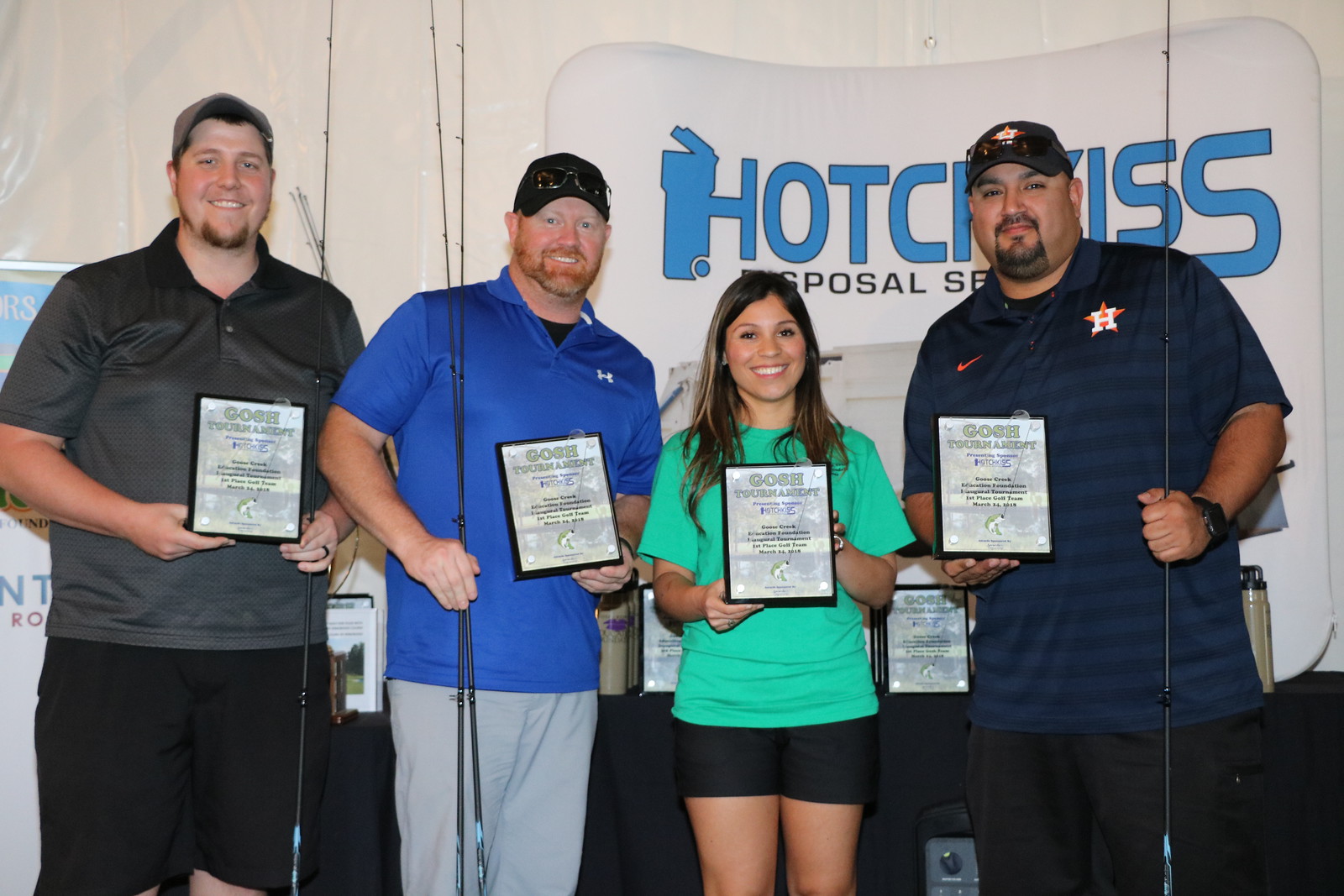 
Gulf Coast Educators Federal Credit Union’s team of Tim McKensie, Jarrod Brooks, Eddie Bonilla and Kevin Keltz (not pictured) won first place for their Gosh score as well as their golf score in the recent Gosh tournament at Kingwood Country Club. They are pictured with Erika Foster, Education Foundation director. The tournament was a fundraiser for the Goose Creek CISD Education Foundation, and the presenting sponsor was Hotchkiss Disposal. Keltz also won Closest to the Pin.
