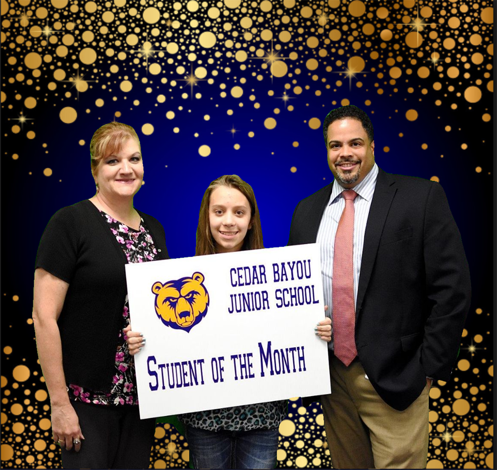 
Cedar Bayou Junior School’s October Student of the Month for seventh grade Heather Carter (middle) is recognized by Deborah Vanderhoef (left), assistant principal, and Michael Curl, principal.
