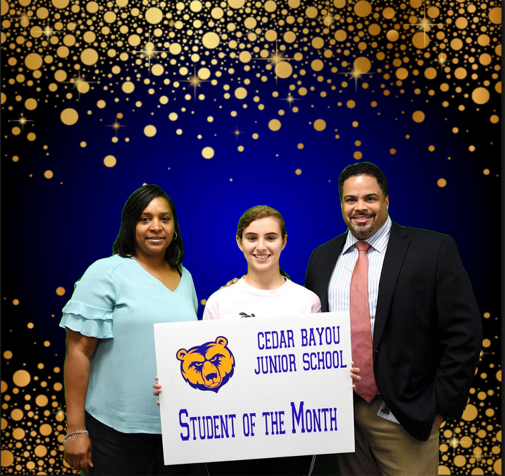 
Anan Masalamah, Cedar Bayou Junior School’s October Student of the Month (middle), is congratulated by Judy Mackyeon (left), student support administrator, and Michael Curl, principal.
