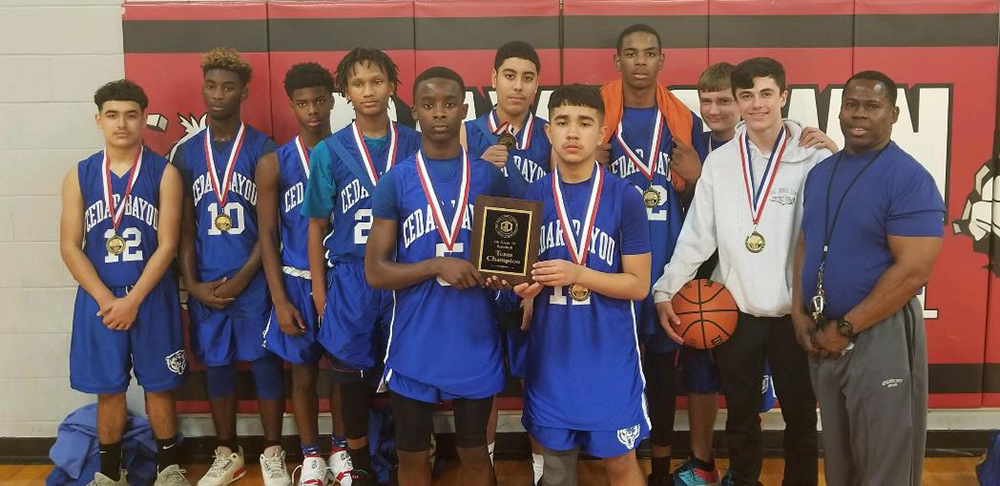 
Cedar Bayou Junior School’s 8A boys basketball team won first place at the recent Baytown Junior Basketball Tournament. Pictured are (front, from left) Synsear Tryon, Iccas Solorio, (back, from left) Andrew Estrada, Te Givens, Hunter Bundage, Caleb Smith, Eathann Vargos Aguilar, Markavion Morgan, Ethan Purcell, Carson Garrett and Coach Woodard.
