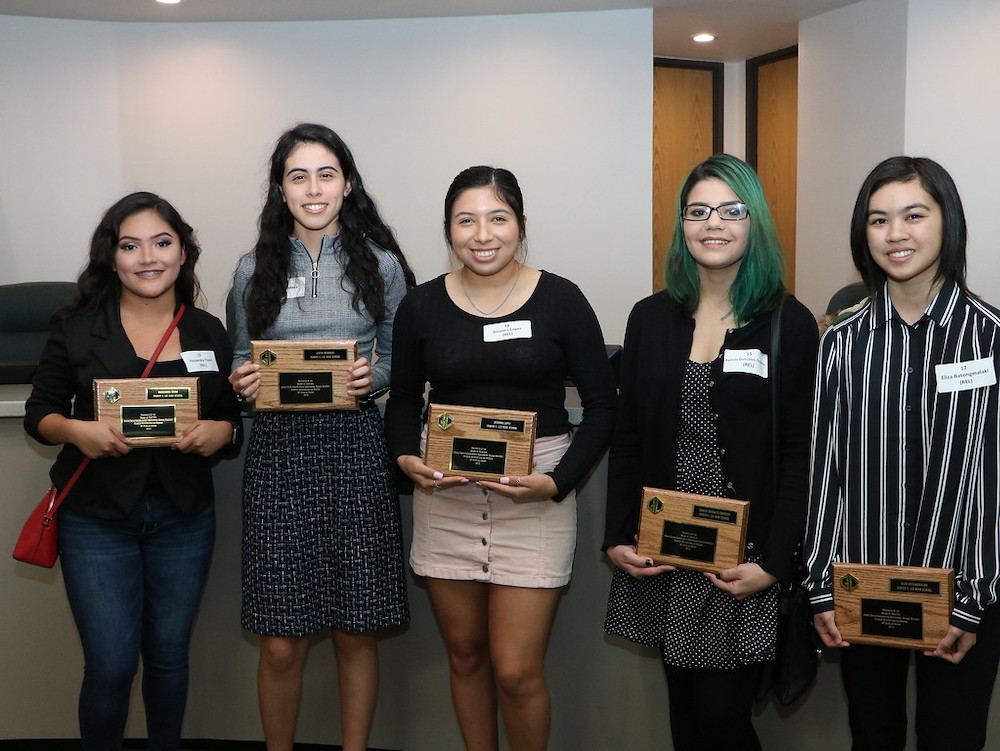 
AP Scholars, selected for completing three or more AP Exams with scores of 3 or higher, are recognized at a recent meeting of the Goose Creek CISD board of trustees. Students from Robert E. Lee High School are (from left) Kassandra Tovar, Lizeth Mendoza, Brianna Lopez, Kamila Gonzalez-Traverzo and Eliza Batongmalaki.
