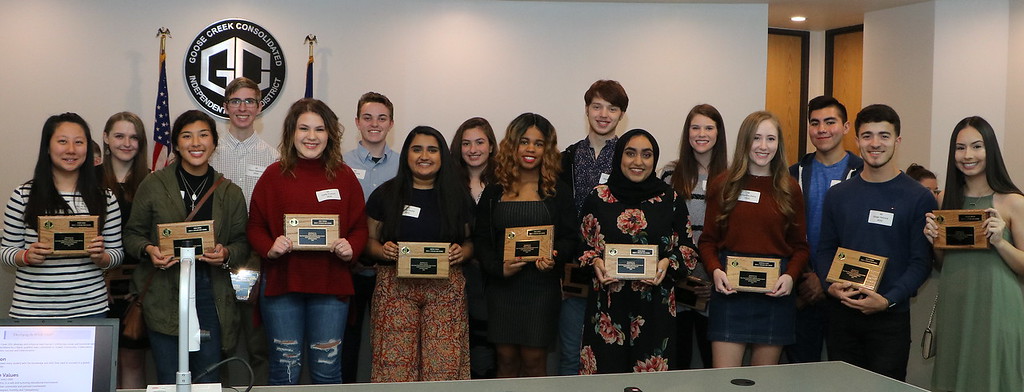 
AP Scholars, qualifying by completing three or more AP Exams with scores of 3 or higher, from Ross S. Sterling High School are recognized at a recent meeting of the Goose Creek CISD board are (from left) Wendy Ciang, Lauren Kelley, Erika Zapata, James Epperson, Emily Thomas, Jason Drude, Aarushi Shukla, Isabel De La Rosa, Paris Landry, Hayden Bernard, Amer Malhi, Bryn Benoit, Samantha Glaize, William Almaraz, Gauge Herrera and Vanessa Martin.
