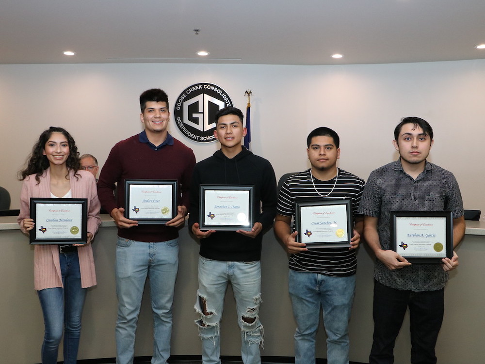 
Exemplary Migrant Scholars, nominated by Goose Creek CISD and selected by the State of Texas, are recognized at a recent meeting of the board of trustees. Pictured are (from left) Carolina Mendoza, Andres Perez, Jonathan Ibarra, Cesar Sanchez, Jr. and Esteban Garcia. Not pictured are Francisco Barajas and Jonathan Mendoza.
