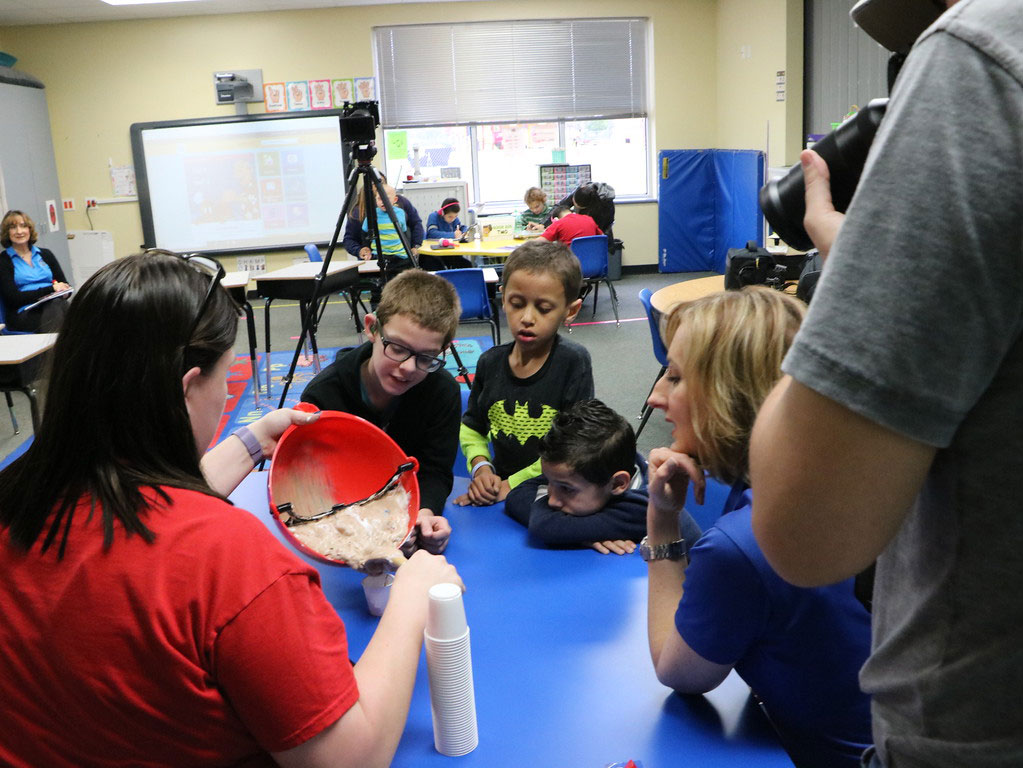 
Nicole Stalkfleet (left) and her class at Ashbel Smith Elementary test the Squeebie.
