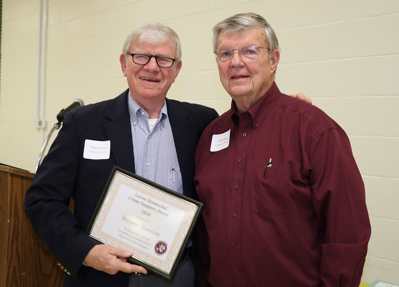 
Wayne Hanson (left), a member of the Baytown Crime Stoppers Board for 14 years, is presented with the Lavon F. Heintschel Award by John Mabry, chair of the History/Records/Recognitions Committee, at the recent Baytown Crime Stoppers Sponsor Appreciation Banquet. Hanson is the second recipient of the award.
