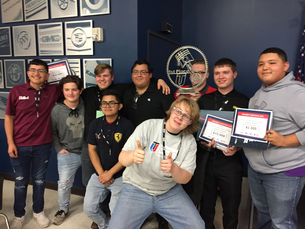 
Stuart Career Tech High School students (from left) Octavio Mendez, Kaleb McDonald, Austin Grothe, Epi Sanchez, Alvaro Chavez, Jon’Rylan Bohannon, Joshua Eastman, Cameron Cramer and Juan Hinojosa proudly display their trophy after competing at the Universal Technical Institute Top Tech Challenge. Grothe and Cramer attend Barbers Hill High School and are in the automotive program after school.

