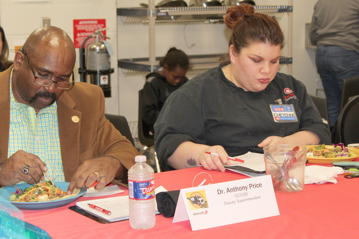 
Two of the judges for the Aramark All Star Chef Competition are Dr. Anthony Price (left), Goose Creek CISD’s deputy superintendent, and Chef Cheyenne Peer of H-E-B’s Cooking Connection.
