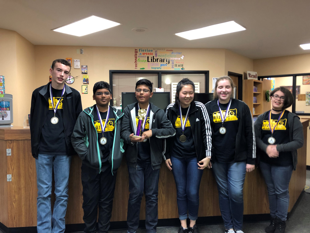 
Highlands Junior School’s eighth-grade Battle of the Books team placed first at the district competition. Pictured are (from left) Cody Beck, Harsh Agrawal, Arin Sood, Amy Chen, Brook Schrull and Nicole Lemus. The seventh-grade team also placed first. The teams were sponsored by Joann Massony, substitute librarian.
