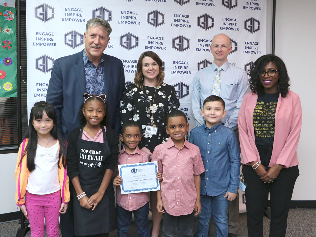 
Victoria Walker Elementary is recognized at a recent meeting of the Goose Creek CISD board of trustees as the elementary school with the top attendance rate, 96.74 percent, for the third six weeks. Pictured are (front, from left) Hazel Canizares; Jaliyah Riddrick-Grant; Brayden Lewis; Lynndon Lewis; Eden Moreno; Tailis Oniwon, student support administrator; (back, from left) Dr. Randal O’Brien, Goose Creek CISD superintendent; Monica Juarez, Walker principal and Pete Pape, Goose Creek CISD board president.
