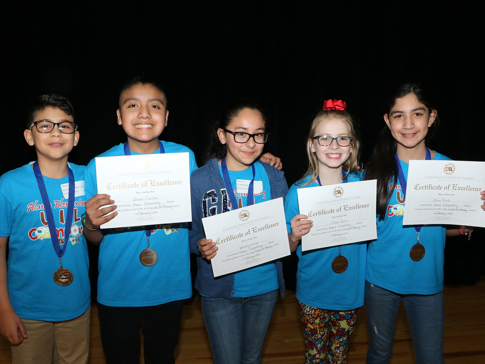 
The 1st place team in the UIL fifth-grade Art Memory category is the Alamo Elementary team of (from left) Jeikobs Mercado, Josue Cuevas (perfect score), Wendy Leija (perfect score), Chloe Jason (perfect score) and Alexa Prieto (perfect score).