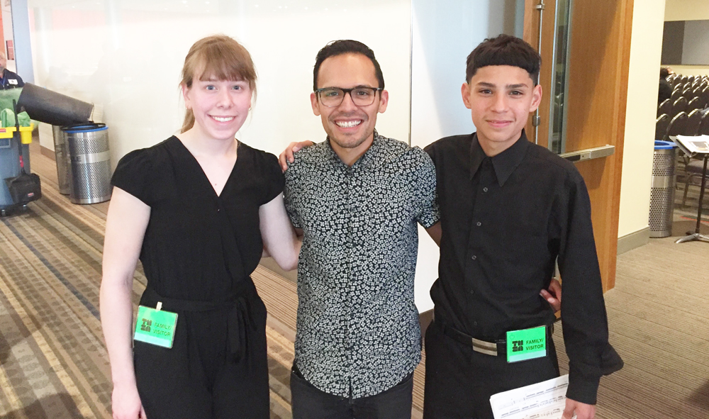 
Robert E. Lee High School students Hannah Christensen (left) and Victor Cruz (right) talk with world renowned composer Ivan Trevino at a recent Texas Music Educators Association Clinic/Convention in San Antonio.
