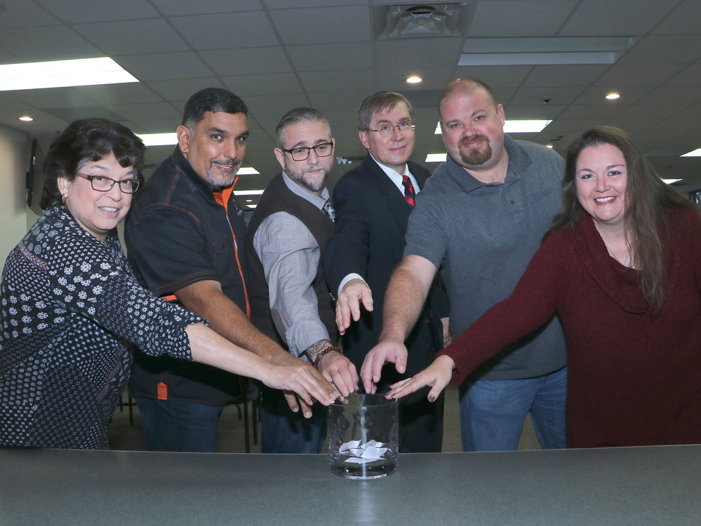 
Candidates for the Goose Creek CISD board of trustees draw for their positions on the ballot. Pictured are (from left) Amparo Martinez, District 7; Jimmy Smith, District 6; Shae Cottar, District 7; Jeff Hawkins, District 6; Peter Adams, District 3 and Jessica Woods, District 3. Not pictured is Tiffany Guy, District 6. The election will be held May 4, 2019, with early voting at several locations from April 22-30, 2019.
