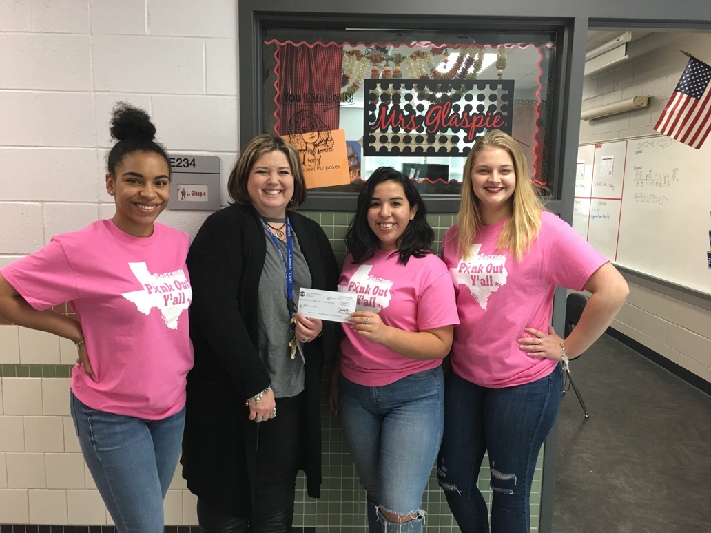 
Goose Creek Memorial High School’s HOSA officers present a check for $2,662, raised from sales of Pink Out shirts, to teacher Lori Glaspie for GCM’s 2019 Relay for Life team. Pictured are (from left) Makayla Bradford, Glaspie, Lauren Torres and Lauren Cloud.
