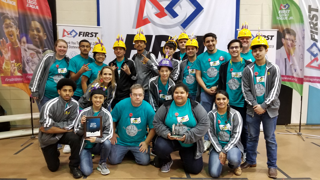
The Goose Creek CISD Robotics Team, 1255 Blarglefish, recently competed in the First in Texas Pasadena District Event, ranking seventh out of 32 teams and winning the Gracious Professionalism award as well as alliance captain in the quarter finals. Based on points earned from the Channelview and Pasadena competitions, the team qualified for the First in Texas District Championship in Austin April 3-6, 2019, which qualifies teams for the Houston World Championship. In Austin, they will compete with teams from Texas and New Mexico. Pictured are (front, from left) Eliza Batongmalaki, Robert E. Lee High School (holding award); Carl Bergman, REL coach; Ciera Cartwright, REL; Ixzel Amador,  Ross S. Sterling High School; (middle row, from left) Jai Daniel, REL; Yacel Amador (booster/mentor); Lili Hurtado, REL; Raul Benavides, REL; (back row, from left) Andrea Bechtel, REL coach; Jacob Martinez, REL; Emily Navarro, REL; Ismael Martinez, REL; Andy Flores, REL; Javier Morfin, REL; Austin Goodman, Goose Creek Memorial High School; Gabriel Ortega, REL; Alejandro Cantu, REL, and Adulfo Amador and Jim Fox, mentors.
