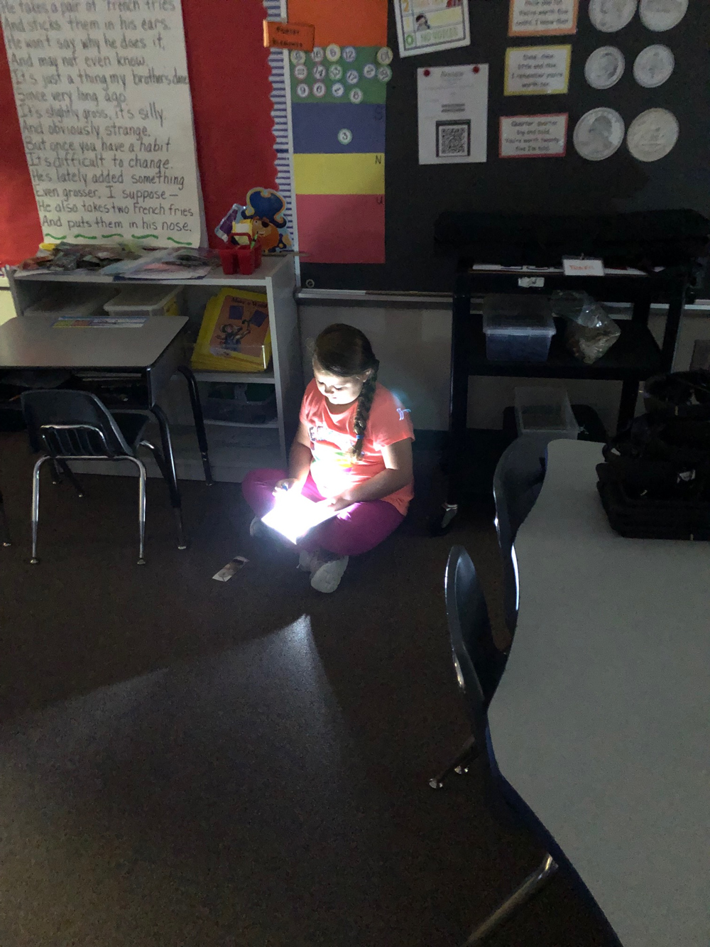
Aden Guiles, a first-grader in Melissa Lindsey’s class at Travis Elementary, reads her chapter book by flashlight on Flashlight Friday.
