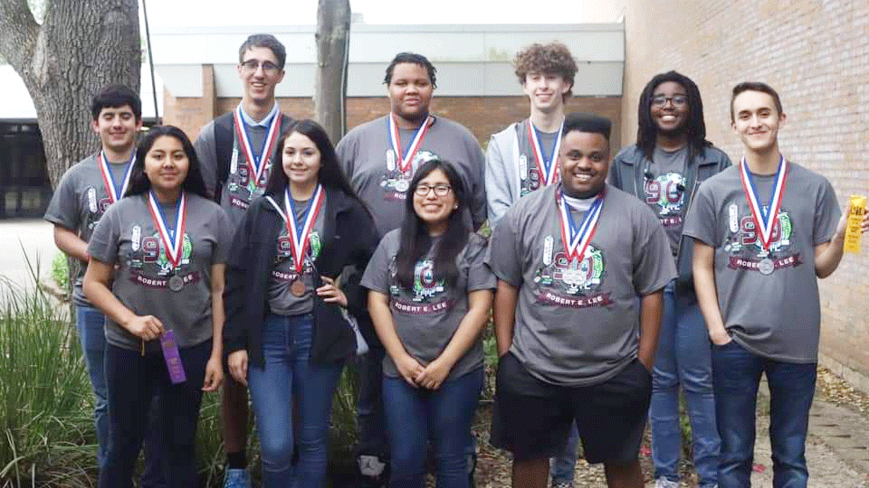 
Robert E. Lee High School students participated in the 22-5A Regional UIL Meet in Friendswood. Pictured are (front, from left) Alicia Teran Torres, Gisselle Huerta, Nayeli Garcia, Jeylon Blake, Zachary Patterson, (back, from left) Luis Torres, Riley O’Brien, Jordan Scott, Evan Kerr and Kiyanna Lewis from IMPACT Early College High School.
