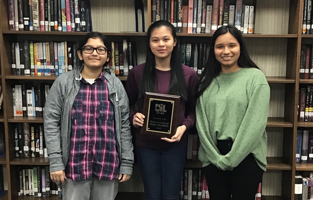 
Lediya Haider, Kayeline Roque and Yaretzi Trejo (not pictured is Tina Phan) from Ross S. Sterling High School won 1st place in the team Spelling and Vocabulary category at the 21-6A UIL Meet at Deer Park High School South Campus.

