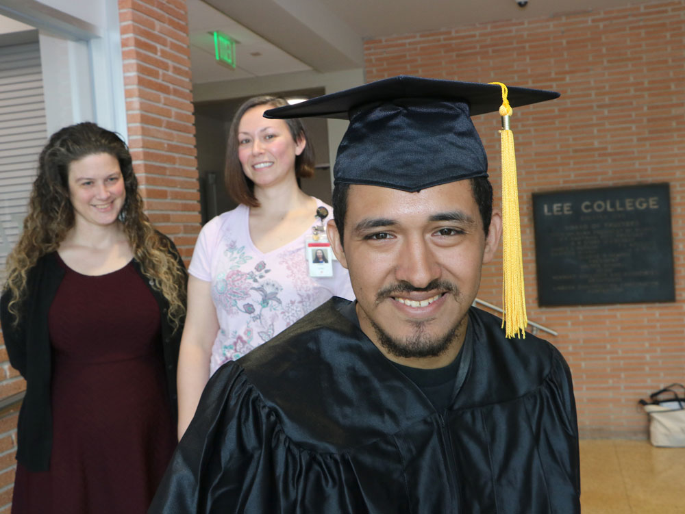 
Daniel Tinoco is ready to receive his Logistics certificate from Lee College May 11 through the AIM program. He is shown with his Lee College counselor K-leigh Villanueva (left) and Linda Rye, Goose Creek CISD’s vocational adjustment teacher, who have provided support and encouragement for him.
