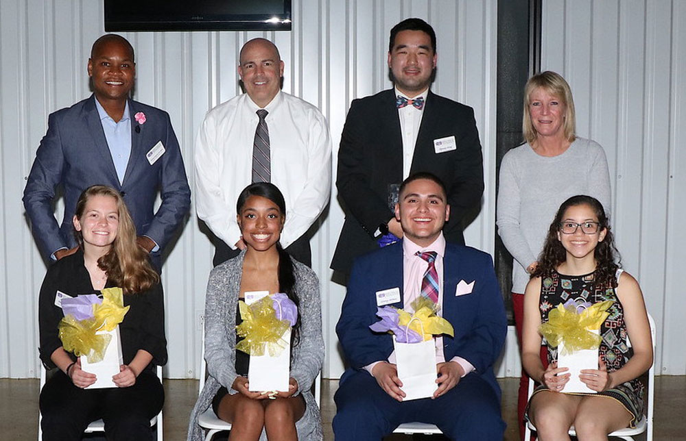 
Students (front, from left) Emily Hansen, Almarie Green, Lorenzo Salinas and Maeva Flavien, all from Goose Creek Memorial High School, honor their teachers (back, from left) Gunnery Sgt. Jason Wells from GCM; Alexsia Shankle-Smith from Highlands Junior School (Gary Guy, principal, accepted her award.); Byoung (Sean) Kang from GCM and Shari May from GCM during the Students Choice Awards at Houston Raceway Park Club.
