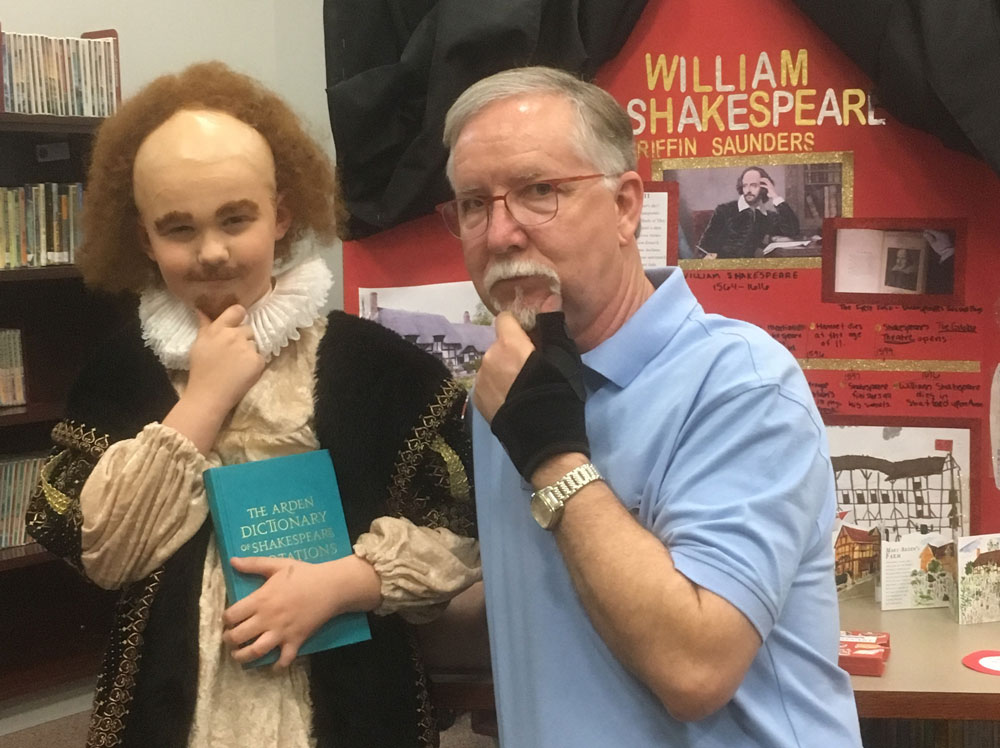 
Richard Clem, Goose Creek CISD board member, meets William Shakespeare, portrayed by Griffin Saunders, third grade, at the recent GATE Showcase Wax Museum at Victoria Walker Elementary.
