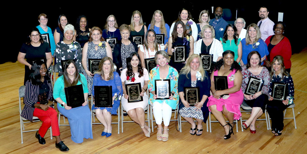 
Goose Creek CISD Teachers of the Year (front, from left) Kiki Moore (James Becker Thomson Special Education Teacher), Caitlin Huebner (HAABE ESL Secondary), Jo Ann Fenley  (HAABE ESL Elementary), Jessica Vega, Jackie Brown, Neisa Villegas, Ciara Marks, Pam Bradford, Stacia Laird, (middle, from left) Esmeralda Cantu, Adriana Cienfuegos, Brandy La Bouve, Robin Edwards, Ofelia Wells, Kristin Reyes, Janette Kelley, Amy Serrano, Anna West, Teresa Black, (back, from left) Margaret Cayton, Jennifer Martin, Tracy Gaston Gray, Amanda Majeed, Angie Johnson, Valerie Currie, Jennifer Hollis Ashworth, Lauren Hoyt, Janoy Roberson, Rachel Prettyman and Ian Sobczak. Not pictured are Lizzet Austin (HAABE Bilingual Elementary) and Rovena Moreno..
