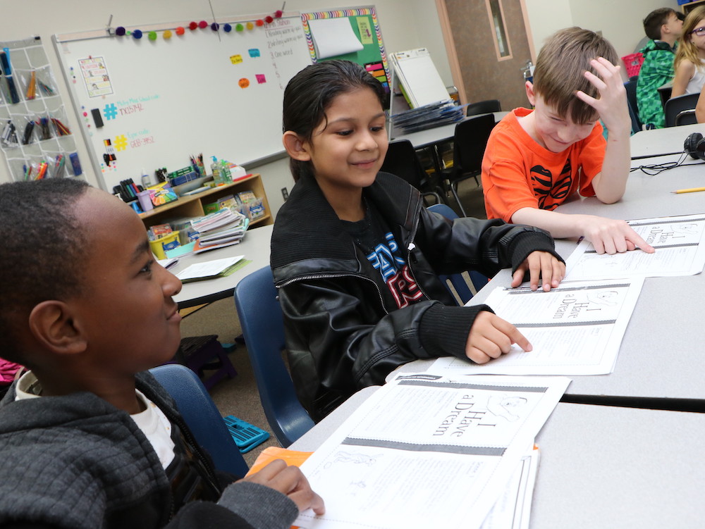 
Megan Winemiller’s fourth-grade students at Travis Elementary (from left) Jovan Banks, Natalie Marquez and Trevor Hogan
rehearse for a play they will perform Tuesday, January 22, in honor of Martin Luther King, Jr.
