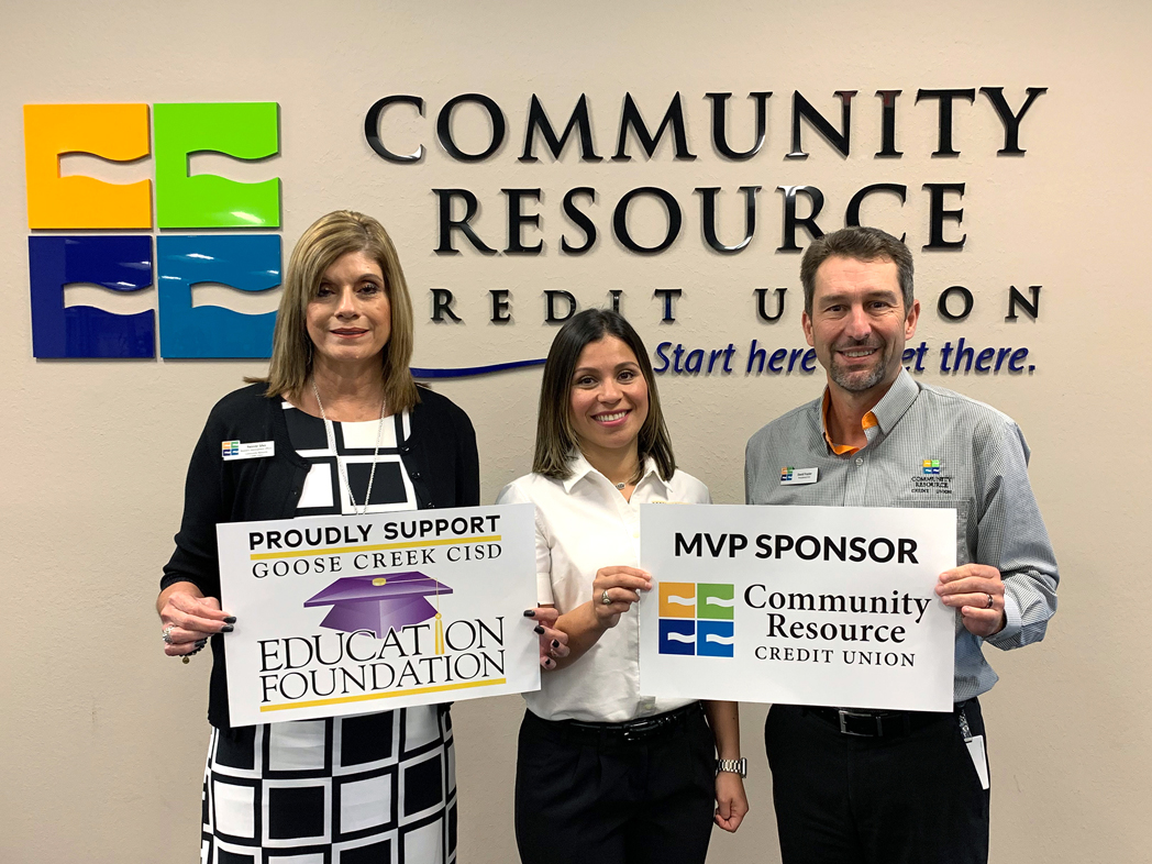 
Erika Foster (middle), director of the Goose Creek CISD Education Foundation, welcomes Community Resource Credit Union as an MVP Sponsor for the Education Foundation’s All-Star Gala at Minute Maid Park in September. Pictured are Yvonne Silva (left), senior business development officer, and David Frazier, president and CEO for CRCU.

