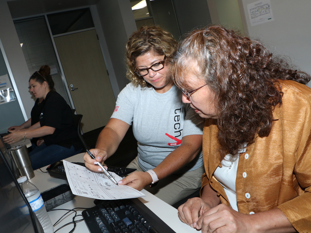 
Katie Tatsch (left) from Robert E. Lee High School and Carol Colvin from Stephen F. Austin Elementary, take the “Escaping Boredom – Crushing Classrooms Using Google Forms” class during the recent techXpedition hosted by the GCCISD Educational Technology Department at IMPACT Early College High School. Teachers learned to take worksheets and reviews and create digital escape rooms.
