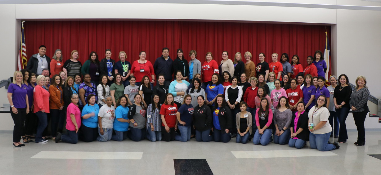  Faculty and staff members at Lamar Elementary pose with members of the Goose Creek CISD Education Foundation. Lamar had the highest percentage of donors to the Education Foundation for the 2016-17 school year and received a luncheon, provided by the Education Foundation. Sandra Bell, Barbara Wilson, Jenice Coffey, Adelina Abshire, Meryl Edmeade, Roxie Krisher and Steve Danielle represented the Goose Creek CISD Education Foundation. 