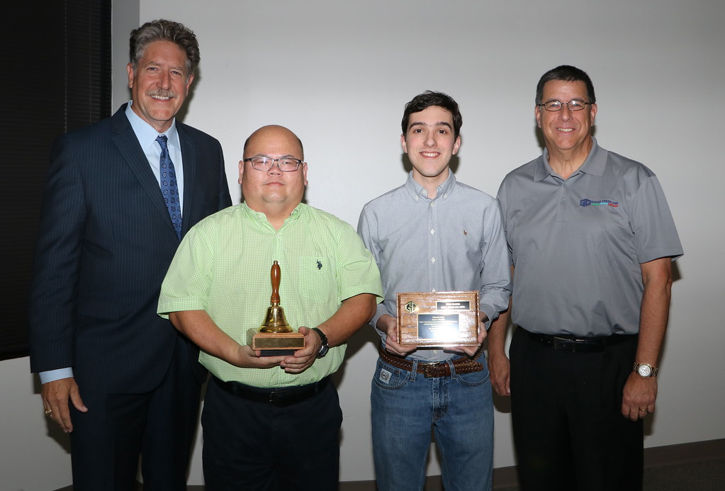  Randal O’Brien (left), Goose Creek CISD superintendent, and Al Richard (right), Goose Creek CISD board president, congratulate Tomas DeLaRosa (second from right), a senior at Ross S. Sterling High School, on being named to the Texas Music Educators Association All-State Orchestra for the third year and for his selection as TMEA All-State 6A Viola, 4th chair. John Yong, orchestra director, received a School Bell Award. 