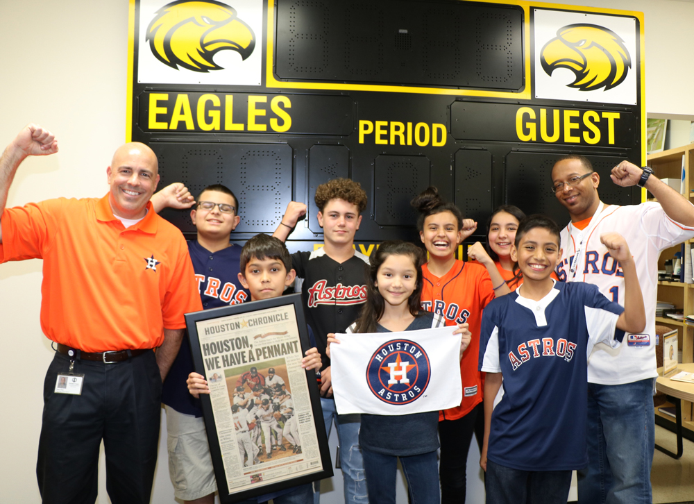  Highlands Junior School students and staff celebrate opening day for the Houston Astros. 