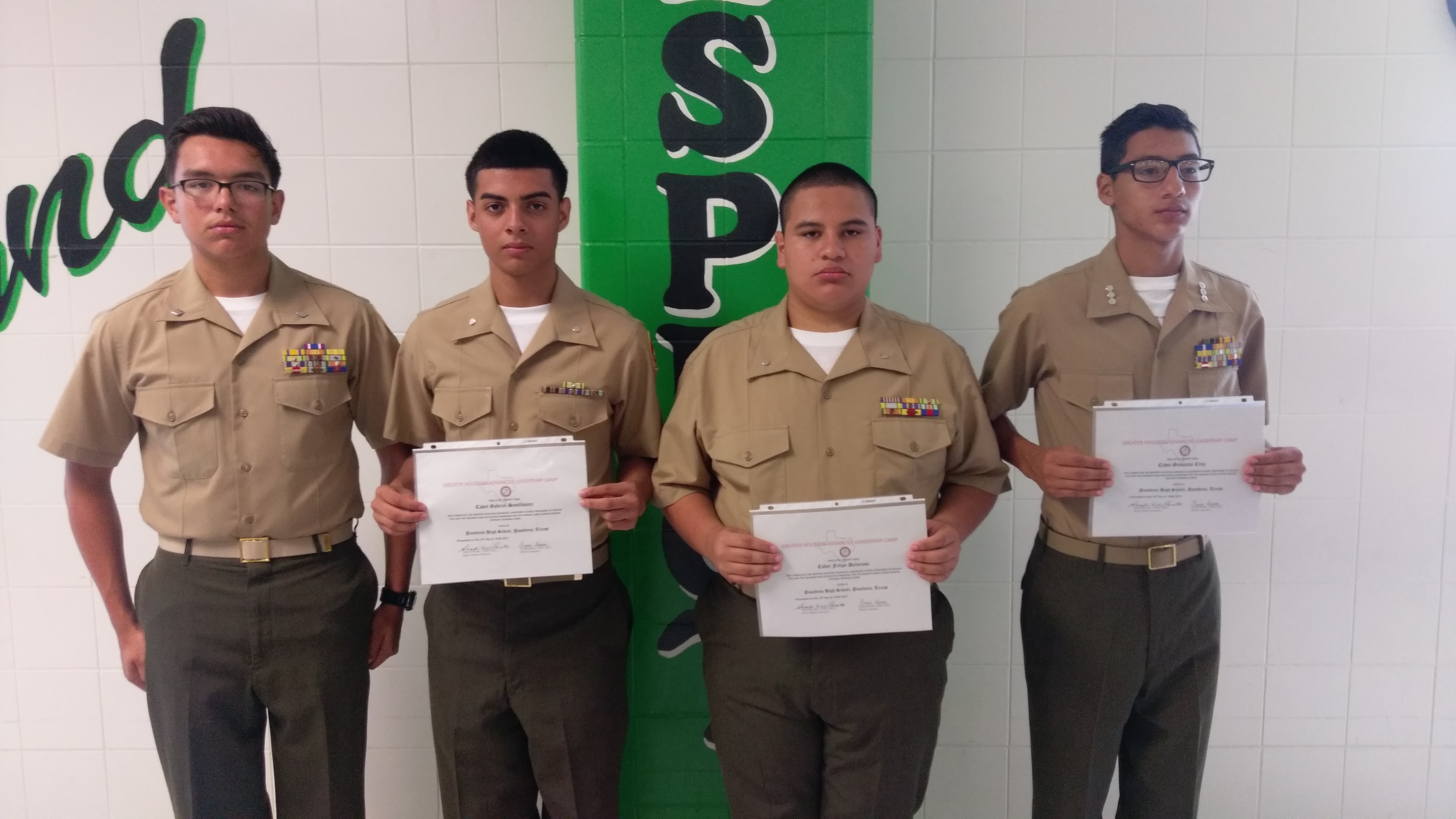 Cadets from the Ross S. Sterling High School MCJROTC display their certificates after graduating from Advanced Camp. Pictured are (from left) Cadets Isaiah Cano, who ran events; Gabriel Santibanez; Felipe Delarosa and Giovanni Cruz.
The MCJROTC is under the direction of Col. P.J. Ferral USMC (Ret).
