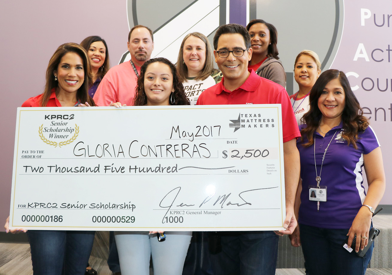 KPRC Channel 2 anchors Rachel McNeill (front left) and Owen Conflenti (front, second from right) present a $2,500 KPRC/Texas Mattress Makers scholarship to Gloria Contreras, a senior at IMPACT Early College High School.
Also pictured are Laura Reyes (front right), IMPACT ECHS principal; (back, from left) Kristi Pizana, college and career readiness specialist; Richard Smith, academic dean/assistant principal; Robin Galvan, counselor; Stephanie Powell, paraprofessional and Connie Maitin, scheduler.  