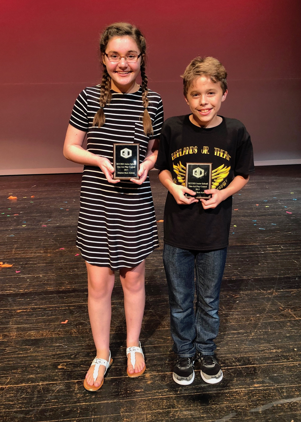  Madeleine Broussard (left) from Gentry Junior School was selected as District Best Actress, and Cash Hill from Highlands Junior School was selected as District Best Actor at the recent District Junior School One-Act Play Festival.
