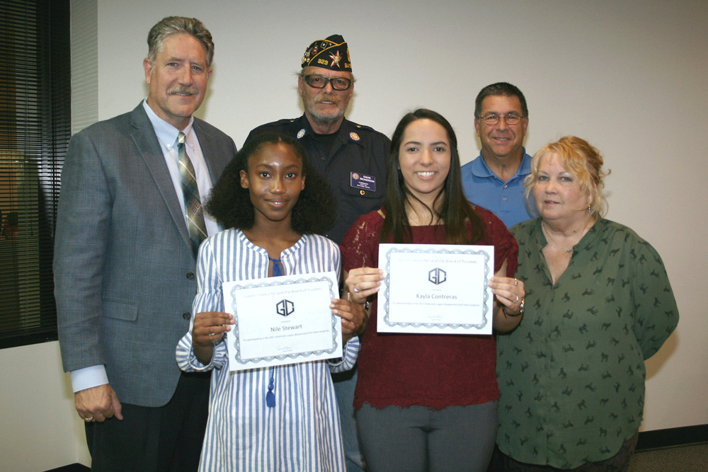 
Nile Stewart (front left) and Kayla Contreras (front middle) from Robert E. Lee High School are recognized at a recent meeting of the GCCISD board of trustees for their nomination to the 2017 American Legion Bluebonnet Girls State.  Also pictured are (back, from left) Randal O’Brien GCCISD superintendent; David Nickerson with the American Legion; Al Richard (back right), GCCISD board president and (front right) Shirley Dyer, American Legion Auxiliary.

