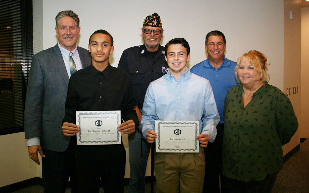 
(Front, from left) Christopher Fontenot and Drayton Sherrill are recognized at a recent meeting of the GCCISD board of trustees for being selected for the 2017 American Legion Boys State. Also pictured are Shirley Dyer, American Legion Auxiliary (front right); and (back, from left) Randal O’Brien, GCCISD superintendent; David Nickerson from the American Legion and Al Richard, GCCISD board president.

