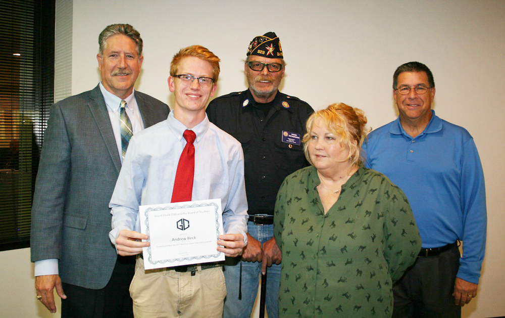 
Andrew Beck (front left) is recognized for being nominated to the 2017 American Legion Boys State at a recent GCCISD board meeting. Also pictured are Shirley Dyer, American Legion Auxiliary (front right); and (back, from left) Randal O’Brien, GCCISD superintendent; David Nickerson from the American Legion and Al Richard, GCCISD board president.
