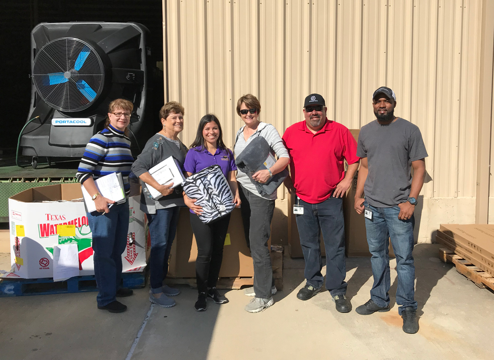 
Ginger McKay, director of federal programs for Goose Creek CISD; Sandra Bell, vice president of marketing and events for the Goose Creek Education Foundation; Erika Foster, Foundation director; Sarah Baldwin from the Education Foundation, Rafael Cantu, GCCISD warehouse supervisor and Tillman Stevens, warehouse foreman, sort bedding items to go with the 24 mattresses from Mattress Firm, purchased with money donated to the Goose Creek CISD Education Foundation through Goose Creek CISD.
