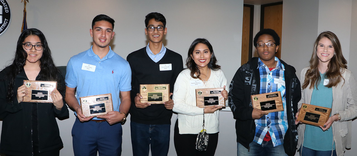 
AP Scholars with Honor from Ross S. Sterling High School are recognized at a recent board meeting. Pictured are (from left) Erin Rodriguez, score of 3 or higher on four exams; Cesar Prieto, score of 3 or higher on four exams; Kavish Pipalia, score of 3 or higher on four exams; Nathalia Martinez, score of 3 or higher on four exams; Da’Lmarcus Issac Constance, score of 3 or higher on four exams and Bryn Benoit, score of 3 or higher on four exams. Not pictured as Alexander Contreras, Luis David Licea, Kelly Ly, Clay Mayberry and Fatima Rebollar.
