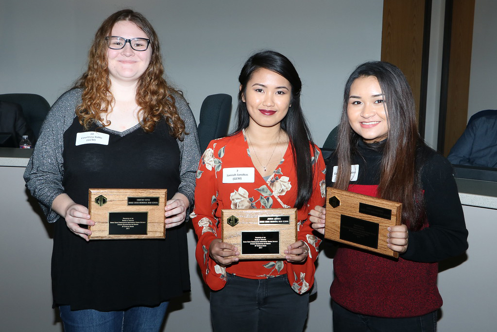 
Advanced Placement Scholars from Goose Creek Memorial High School, based on the 2017 AP Exam administration, are recognized at a recent meeting of the Goose Creek CISD board of trustees.
Pictured are (from left) Courtney Riffle, who scored a 3 or higher on four exams; Jannah Janobas, who scored a 3 or higher on five exams and Gabrielle Cabigquez, who scored a 3 or higher on three exams. Not pictured are Jose Aguilar, Coby Carlson, Soham Datar, Alexander Halsey, William Ibarra, Maojing (Angela) Qin, Amber Richard, Fahad Sayed, Dillon Thay, Darren Trivedi and Shaily Yadav.
