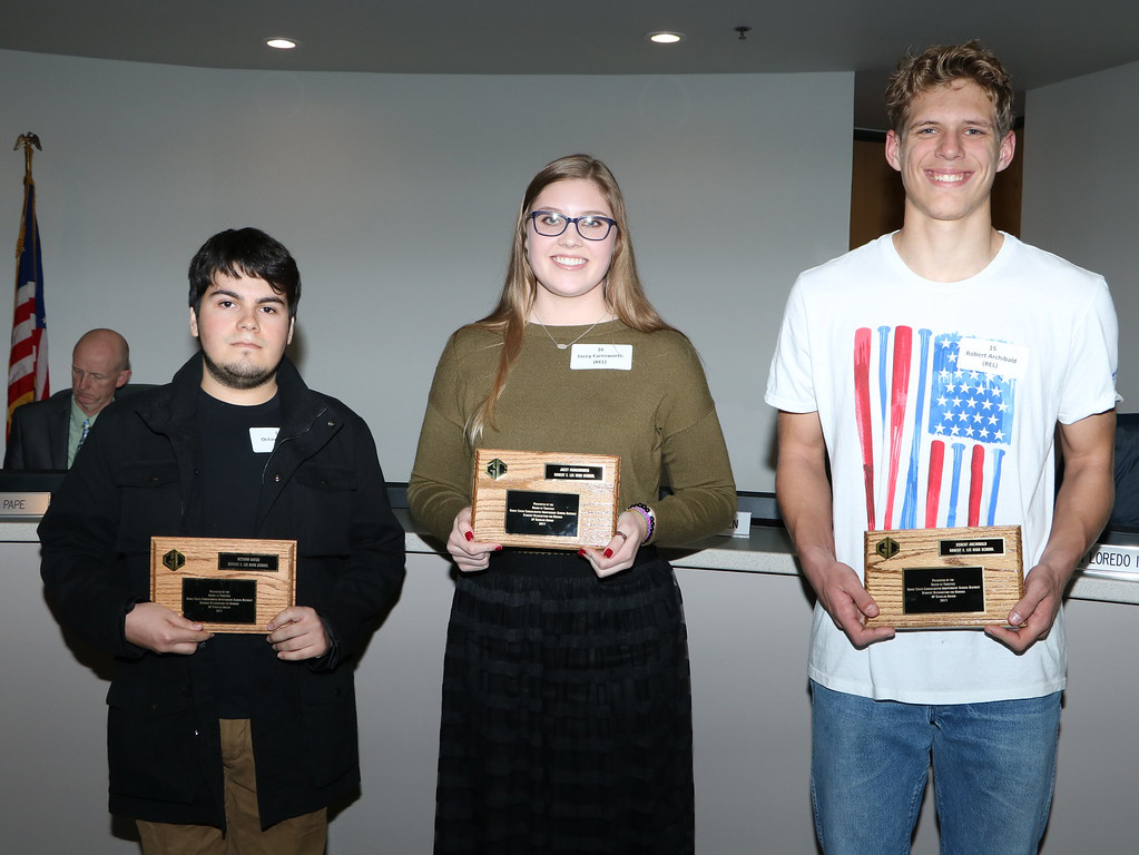
Advanced Placement Scholars from Robert E. Lee High School, based on the 2017 AP Exams, are (from left) Octavio Hatch, score of 3 or higher on three exams; Jacey Farnsworth, score of 3 or higher on three exams and Robert Archibald, score of 3 or higher on three exams. The students were recognized at a recent meeting of the GCCISD board of trustees. Not pictured are Brianna Lopez, Edna Mendez, Joshua Rice, Juan Rios, Valeria Sixtos and Meagan Springer.
