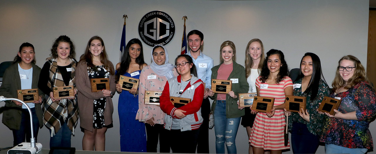 
Advanced Placement Scholars from Ross S. Sterling High School, based on the 2017 AP Exams, are recognized at a meeting of the GCCISD board of trustte. They are (from left) Erika Zapata, score of 3 or higher on three exams; Emily Thomas, score of 3 or higher on four exams; Karis Sockwell, score of 3 or higher on three exams; Erika Morfin, score of 3 or higher on three exams; Amber Malhi, score of 3 or higher on three exams; Joy Lin, score of 3 or higher on three exams; Conley Laird, score of 3 or higher on three exams; Sarah Gregorcyk, score of 3 or higher on four exams; Samantha Glaize, score of 3 or higher on three exams, Priscila Garcia, score of 3 or higher on three exams; Abigail De Guzman, score of 3 or higher on three exams and Marissa Baggett, score of 3 or higher on three exams. Not pictured are Nadia Abunima, Cyrus Acres, Salvador Avila, Jr., Meredith Baranosky, John Craft, Brishan Fiala, Larissa Desiree Solis, Angela Tallent, Masyn Terry, Kailey Thomas, Norma Trejo, Jacob Fogle, Kimberley Gaytan, Jhonathan Guevara, Annette Iroanya, Roberto Izaguirre, Juniper Linus Jingco, Kylie Nicholds, Xavier Oliveros, Paymon Safi, Brittany Shipp, Gerardo Valdez, Madison Vincent, Aaron Vizcarra, Caitlyn Warren, Markeshia Washington and Raphael Williams.
