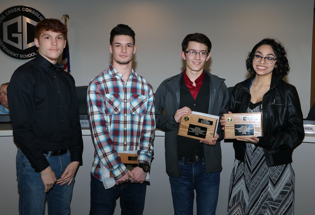 
Stewart Career Center Audio/Video Production students are recognized at a recent meeting of the Goose Creek CISD board of trustees for outstanding achievement in the Association of Texas Photography Instructors Fall Contest, which included more than 6,800 entries from 87 schools in seven states. Pictured are (from left) Julian Laubach from Robert E. Lee High School, an actor in two productions; Brandon Lewallen from Goose Creek Memorial High School, honorable mention for Advanced Dramatic Short Film and 1st place for Advanced Comedic Short Film; Kody Walker, GCM, 1st place for Advanced Dramatic Short Film and Desiree Barrios, GCM, 2nd place for Advanced Thematic Film. The students are under the direction of Ric Morris.

