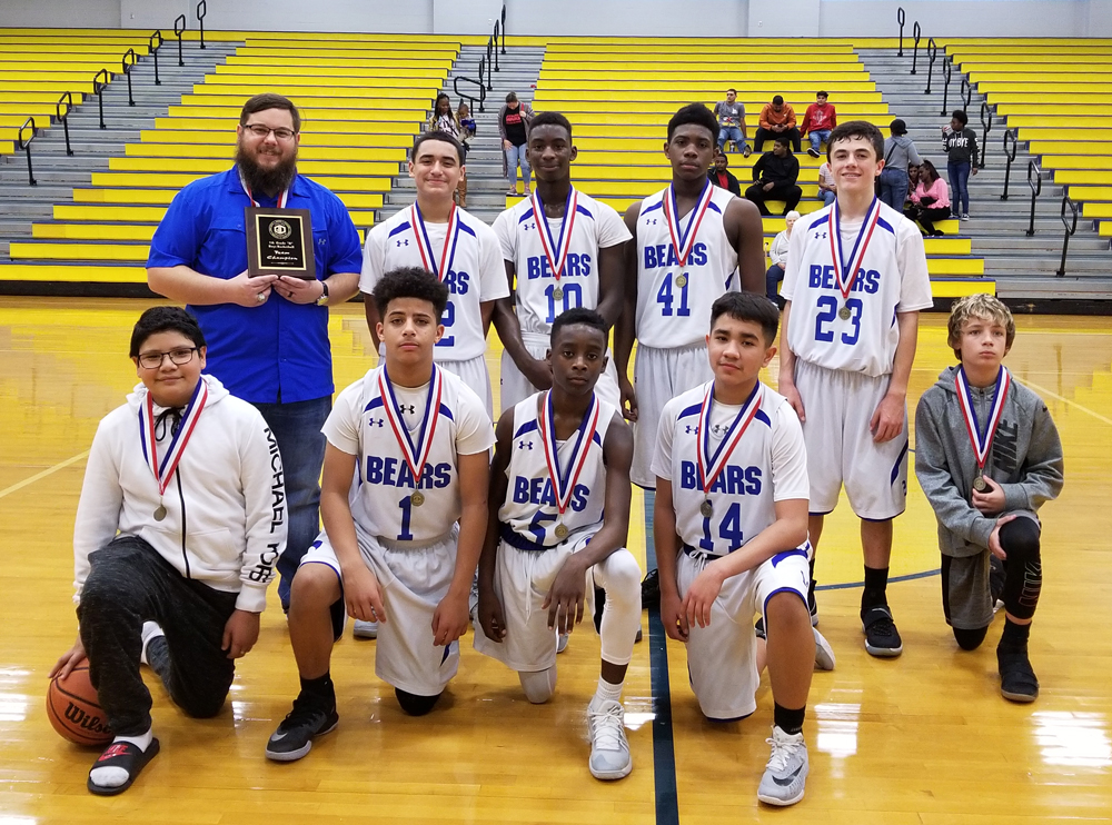 
The 7A boys basketball team at Cedar Bayou Junior School won first place in their recent home tournament. Pictured are (front, from left) manager Jacob Flores, Trenton Smith, Synsear Tryon, Issac Solorio, manager Kade Montgomery, (back, from left) Coach Haney, Andrew Estrada, Tay Givens, Travon Dean, and Carson Garrett.
