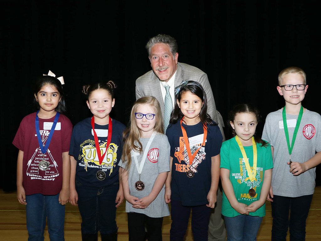 
Elem. UIL 2nd Grade Creative Writing:
Second Grade UIL Creative Writing Winners, presented with medals by Randal O’Brien, Goose Creek CISD superintendent, are (from left) Ananya Sood from Walker Elementary, 1st; Emily Sistos from Bowie Elementary, 2nd; Ainsley Benoit from Austin Elementary, 3rd; Aaliyah Itzep from Travis Elementary, 4th; Sienna Turner from Harlem Elementary, 5th and Brady Henrichsen from Austin Elementary, 6th.
