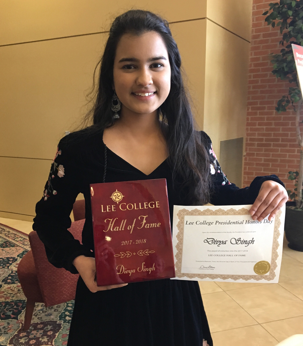  Divya Singh, a senior at IMPACT Early College High School, is honored as an inductee into the Lee College Hall of Fame at the recent Lee College Presidential Honors Day ceremony.

