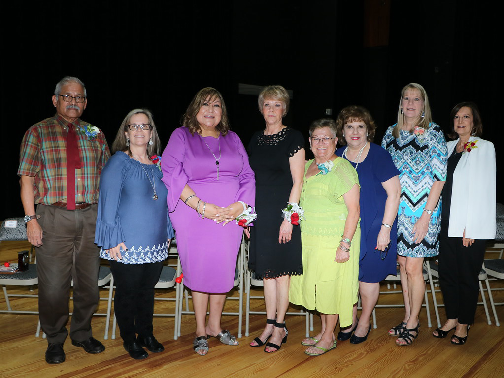  Retirees honored at the Retiree and Teacher of the Year Gala are (from left) David Aleman, Deanne Cummings, Mary Ann Hayes, Annette Marcus, BJ (Brenda) McCoy, Peggy Ratliff, Cynthia Risner and Rhonda Massengale.
