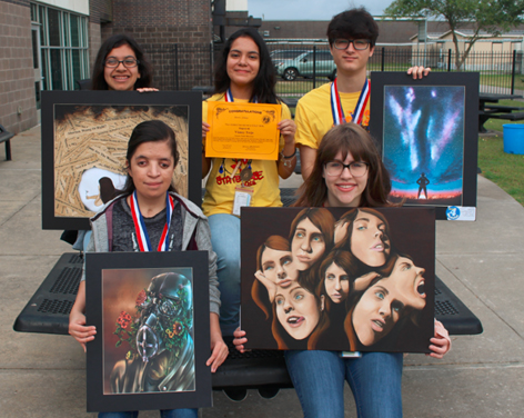 
Goose Creek Memorial High School art students received a superior rating, three medals and a Gold Seal  at the 2018 State Visual Arts Scholastic Event (VASE) art competition in San Marcos. Pictured are
(bottom, from left) Marisa Gates, state medalist for “Nature’s Revenge;” Skylar Newton, superior rating for “Pecco;” (top, from left) Lorelei Barboza state medalist for “Andisol;” Vianey Trejo, Gold Seal (highest honor in VASE) for “Euneirophrenia” and Holden Mallarach, state medalist for “Event Horizon.”
