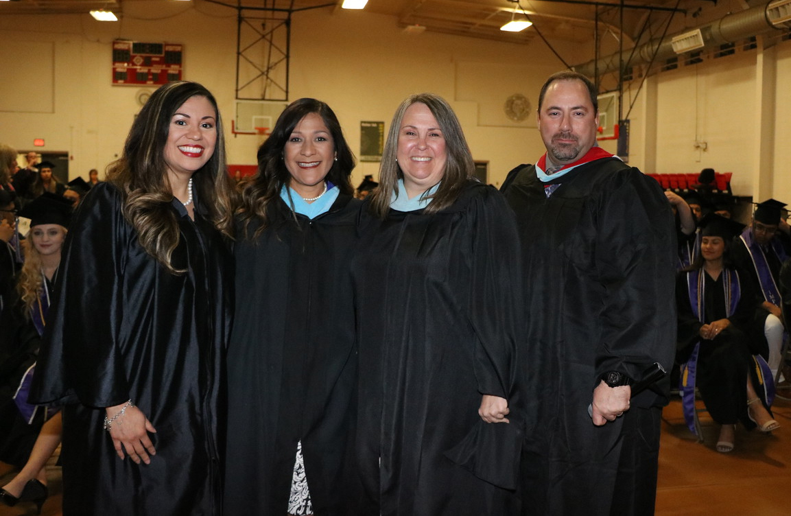 
Kristi Pizana, college and career specialist; Laura Reyes, IMPACT ECHS principal; Robin Galvan, counselor; and Richard Smith, assistant principal, prepare for the recent IMPACT ECHS graduation ceremony.
