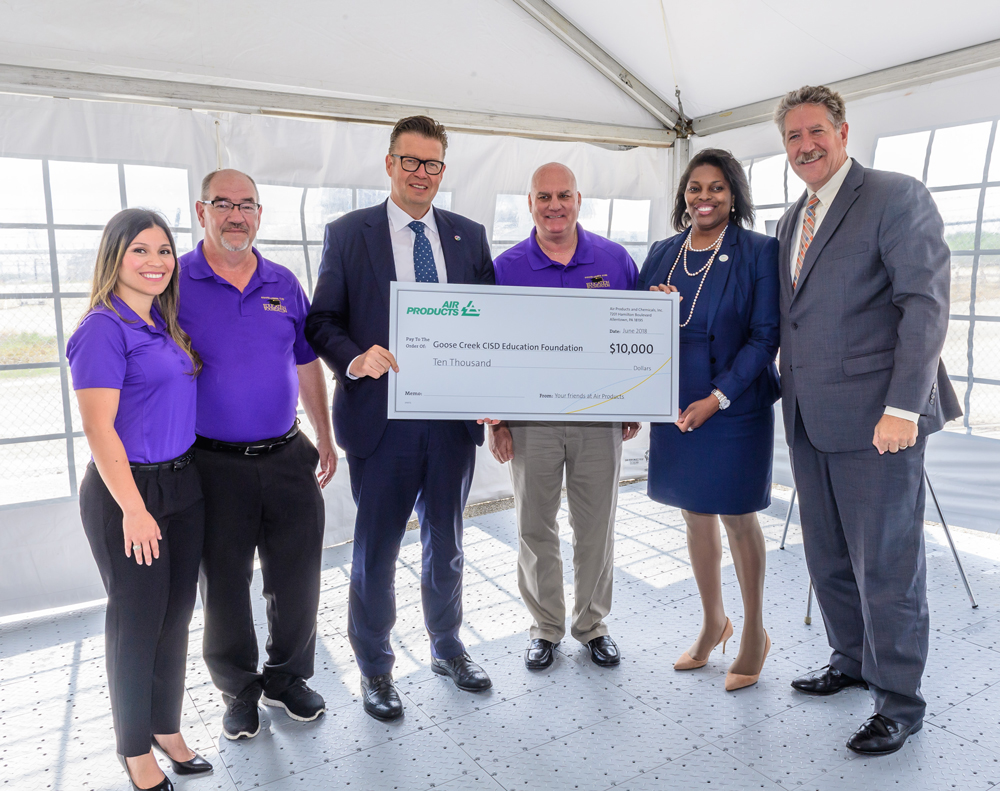 
Air Products donates $10,000 to the Goose Creek CISD Education Foundation at the recent ribbon-cutting ceremony for the Air Products steam methane reformer (SMR) at the Covestro LLC Baytown, Texas, Industrial Park. The GCCISD Education Foundation partners with the community to provides resources to enrich teaching, inspire learning and provide opportunities for excellence in education for all GCCISD students. Pictured are (from left) Erika Foster, GCCISD Education Foundation director; Jim Wadzinski, Education Foundation vice president of development; Dr. Klaus Schafer, Covestro chief technology officer; Ronnie Hotchkiss, Education Foundation president-elect; Marie Ffolkes, Air Products president and Randal O’Brien, GCCISD superintendent.
